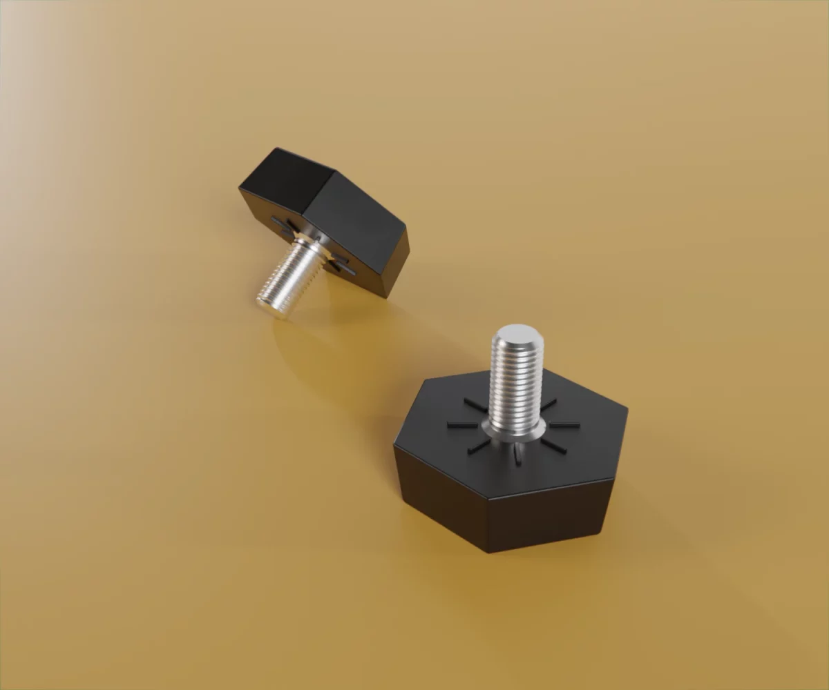 Zwei edge-plus-Zubehörteile vom Typ FC-KF-30004 auf einem gelben Hintergrund. Hierbei handelt es sich um Stellfüße für das edge-plus-System.