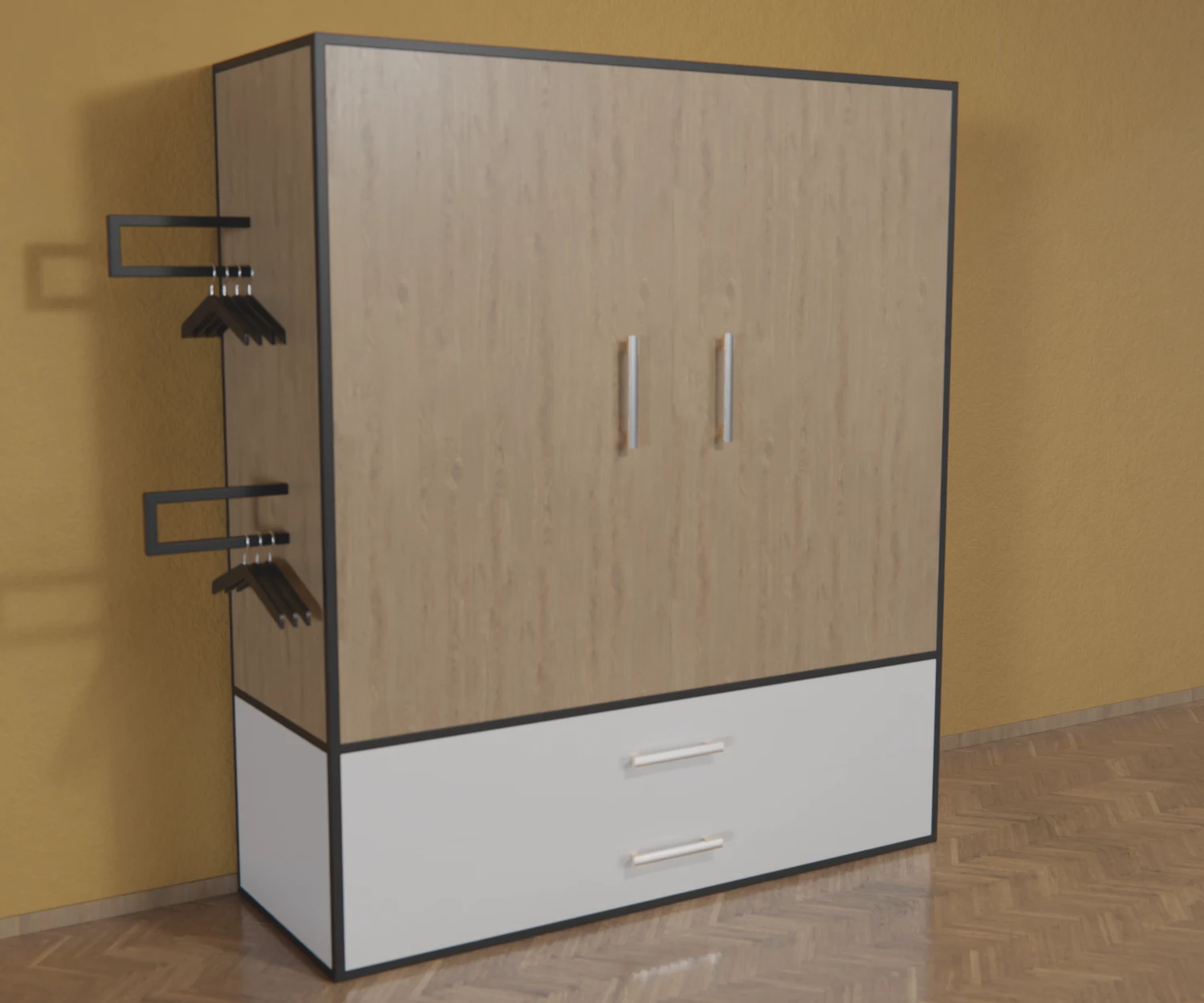 Eine Garderobe, zusammengestellt aus dem Edge-System, mit schwarzen Verbindern und Profilen, auf einem Parkettboden vor einer gelben Wand. Links angebracht sind Bügelhalter mit mehreren Kleiderbügeln.