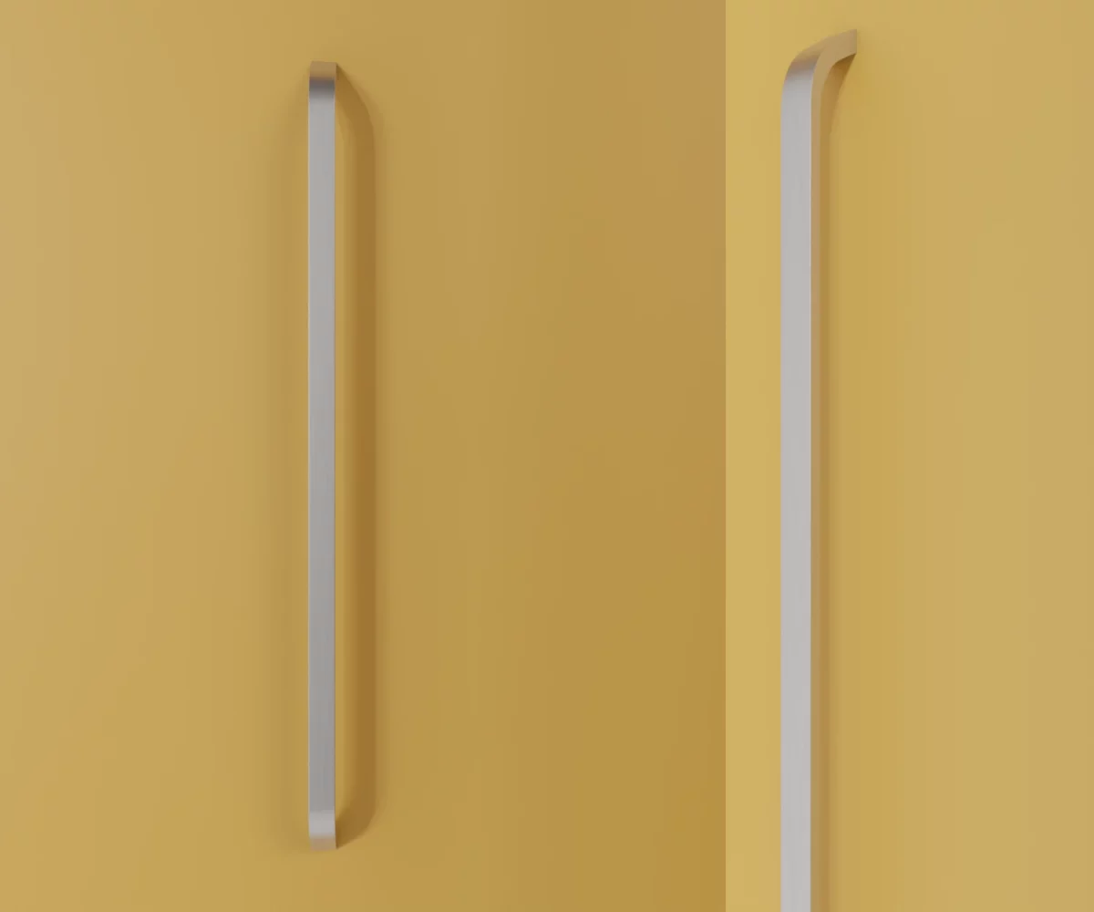 Zwei silberne Aluminium-Möbelgriffe vom Typ HA-AD-12010 vor gelbem Hintergrund: links in Frontalansicht, rechts in Dreiviertelansicht.