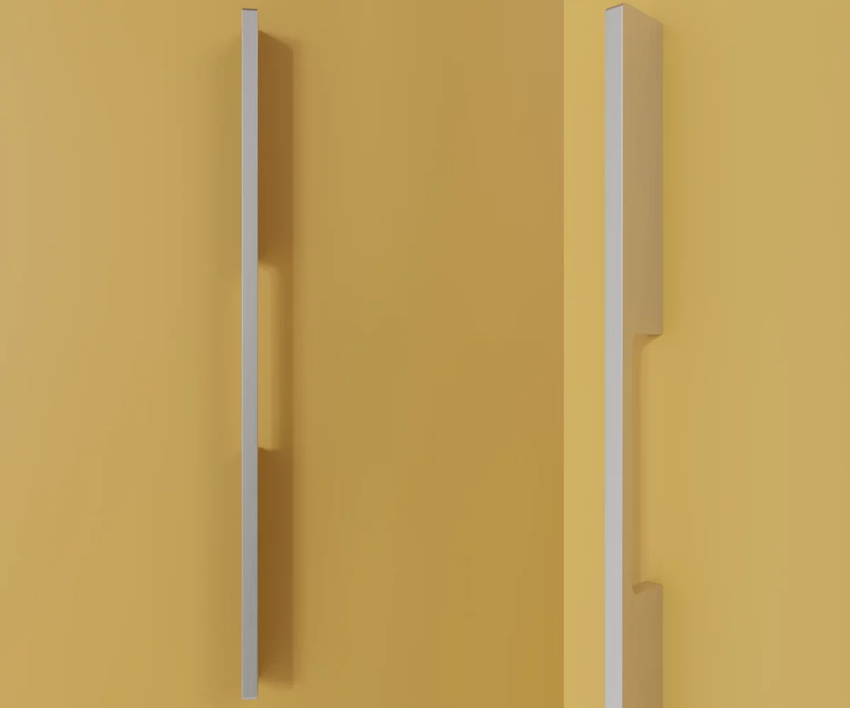 Zwei silberne Aluminium-Möbelgriffe vom Typ HA-AD-12016 vor gelbem Hintergrund: links in Frontalansicht, rechts in Dreiviertelansicht.