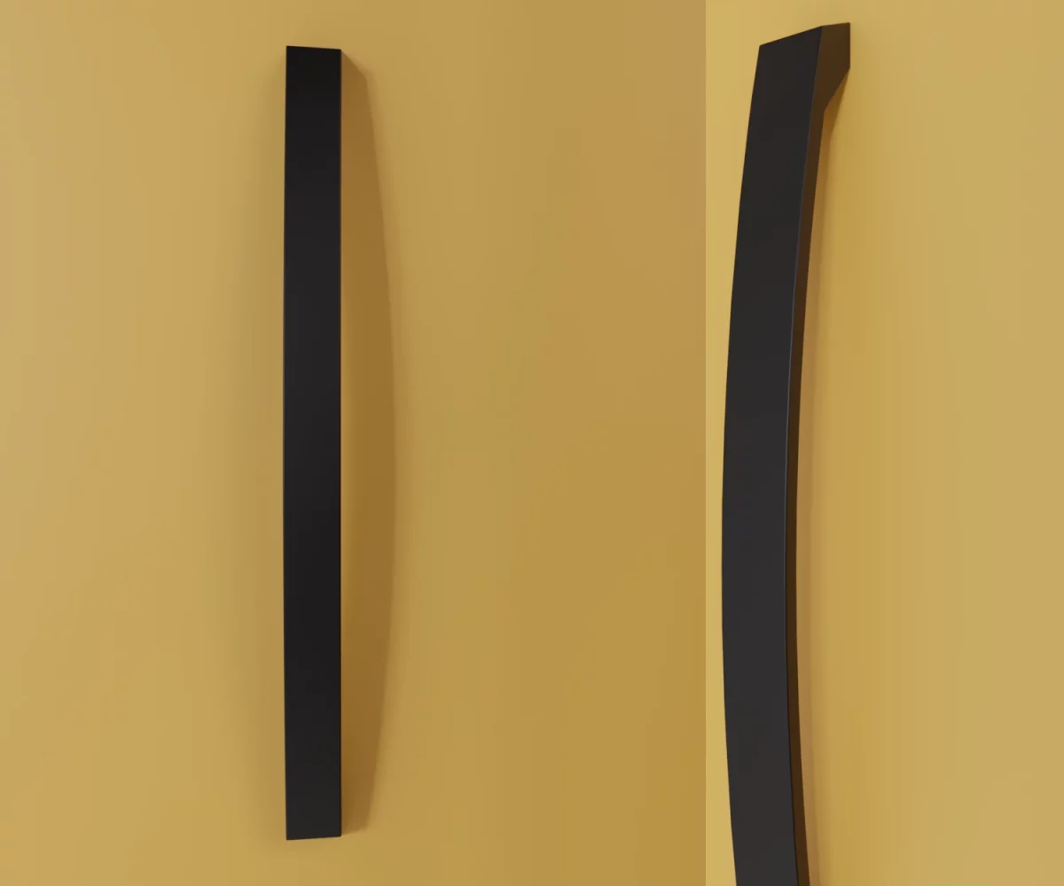 Zwei mattschwarze Aluminium-Möbelgriffe vom Typ HA-AD-12023 vor gelbem Hintergrund: links in Frontalansicht, rechts in Dreiviertelansicht.