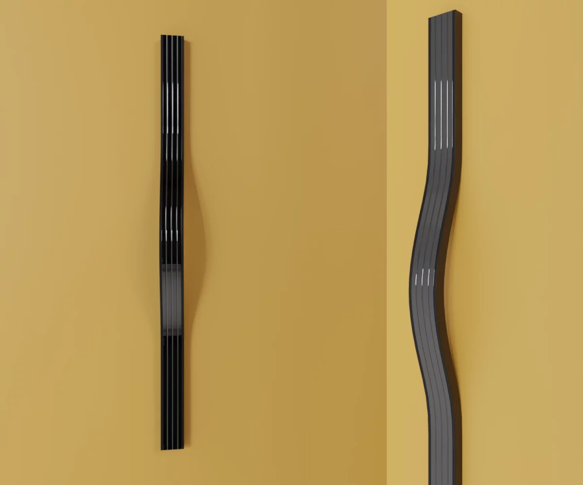 Zwei mattschwarze Aluminium-Möbelgriffe mit schwarz-glänzendem Einsatz vom Typ HA-AD-22002 vor gelbem Hintergrund: links in Frontalansicht, rechts in Dreiviertelansicht.