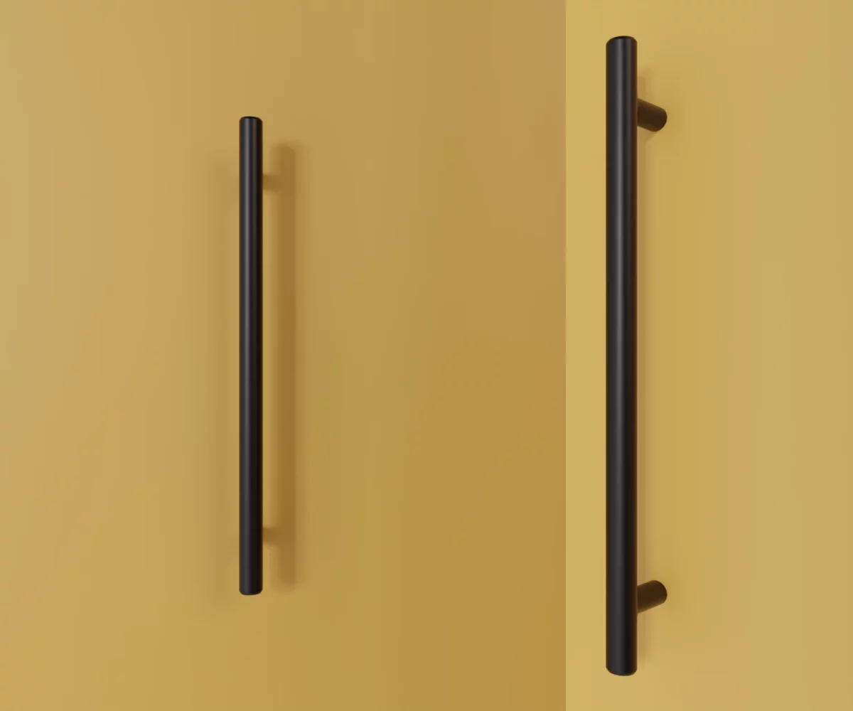 Zwei mattschwarze Edelstahl-Möbelgriffe vom Typ HA-SE-20001 vor gelbem Hintergrund: links in Frontalansicht, rechts in Dreiviertelansicht.