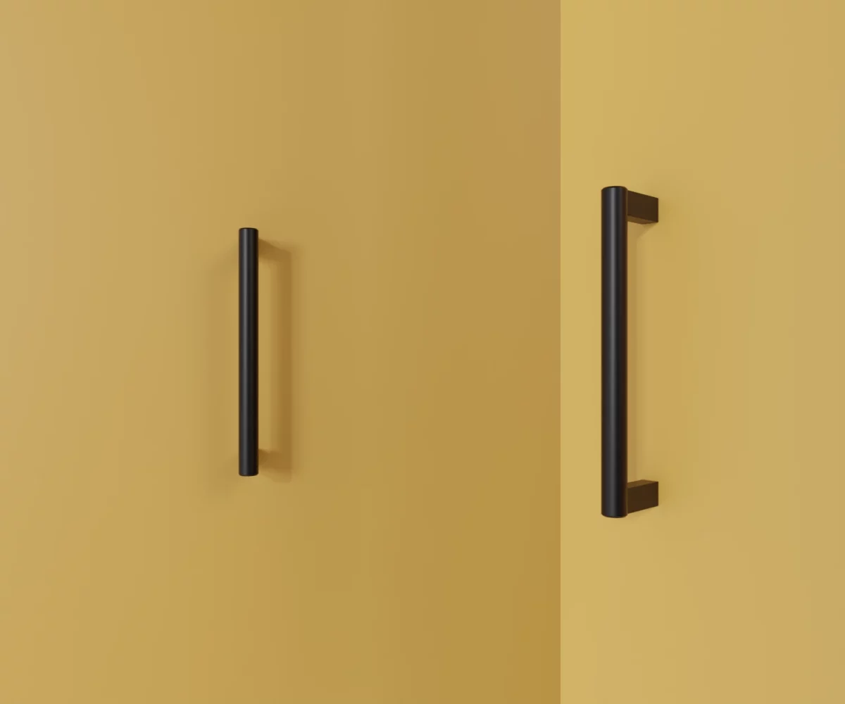 Zwei mattschwarze Edelstahl-Möbelgriffe vom Typ HA-SE-20003 vor gelbem Hintergrund: links in Frontalansicht, rechts in Dreiviertelansicht.