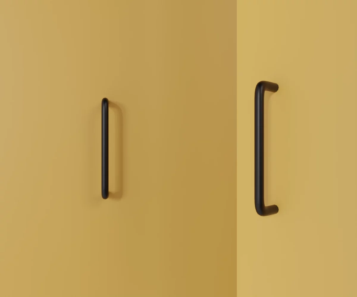 Zwei mattschwarze Edelstahl-Möbelgriffe vom Typ HA-SE-20008 vor gelbem Hintergrund: links in Frontalansicht, rechts in Dreiviertelansicht.