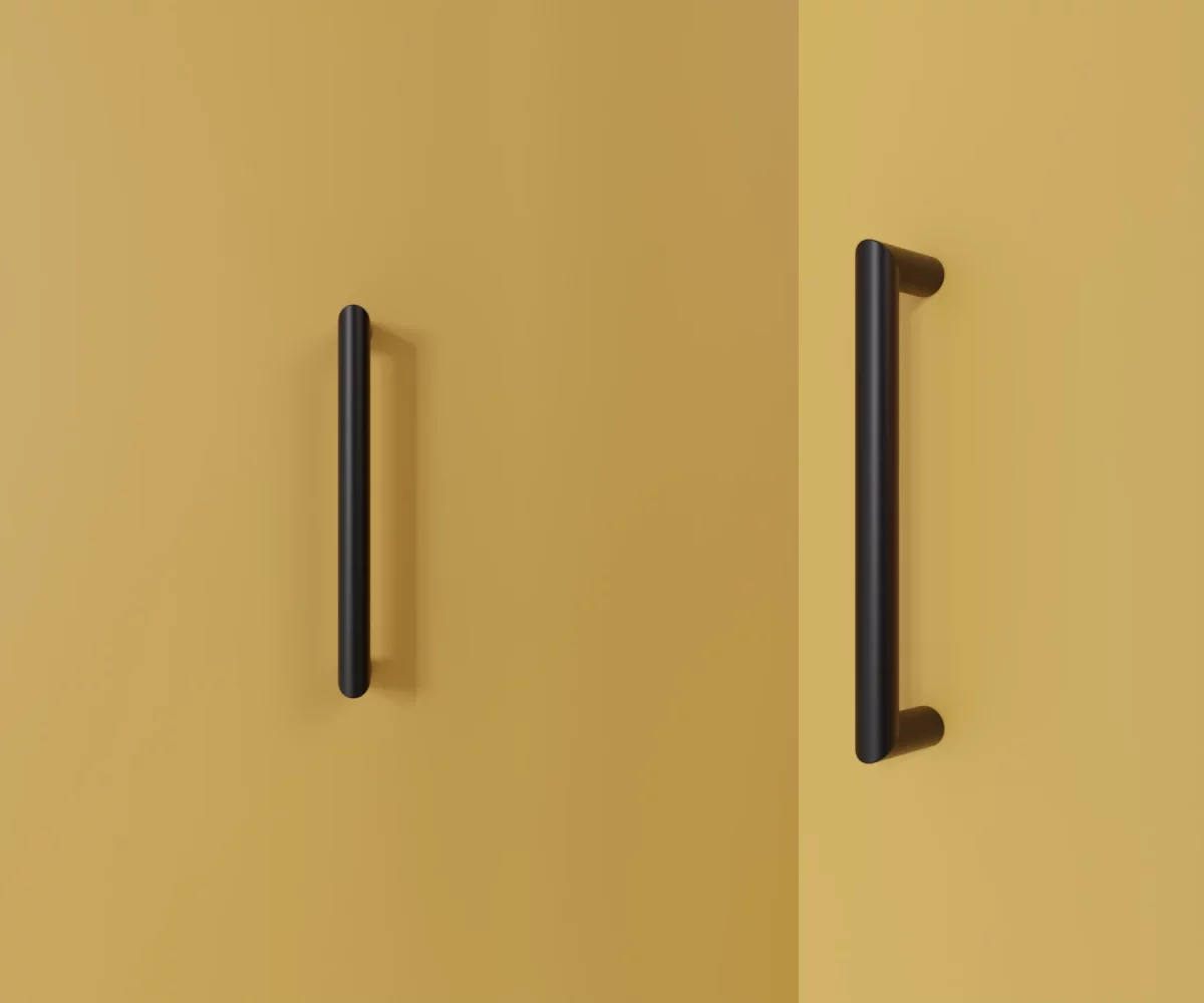 Zwei mattschwarze Edelstahl-Möbelgriffe vom Typ HA-SE-20009 vor gelbem Hintergrund: links in Frontalansicht, rechts in Dreiviertelansicht.
