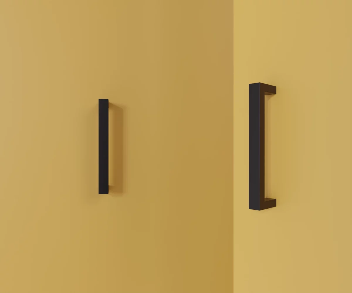 Zwei mattschwarze Edelstahl-Möbelgriffe vom Typ HA-SE-20011 vor gelbem Hintergrund: links in Frontalansicht, rechts in Dreiviertelansicht.