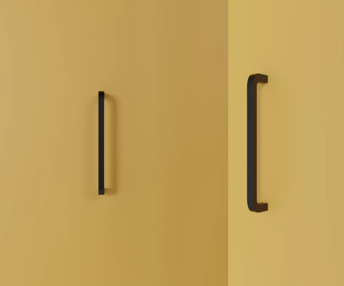 Zwei mattschwarze Edelstahl-Möbelgriffe vom Typ HA-SE-20020 vor gelbem Hintergrund: links in Frontalansicht, rechts in Dreiviertelansicht.
