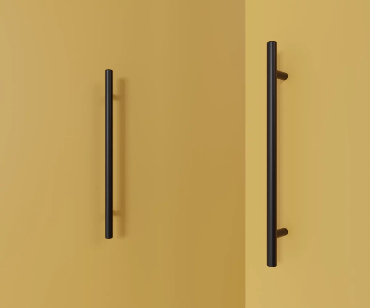 Zwei mattschwarze Edelstahl-Möbelgriffe vom Typ HA-ST-10044 vor gelbem Hintergrund: links in Frontalansicht, rechts in Dreiviertelansicht.