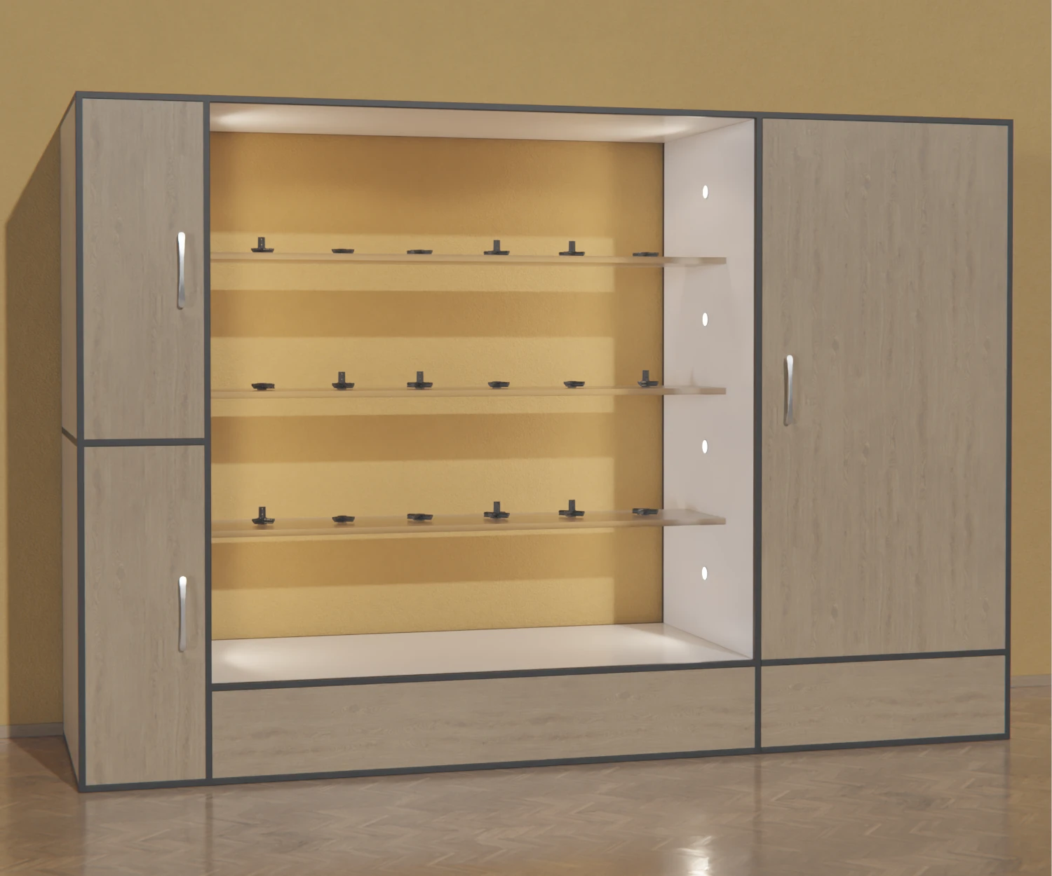 Ein Messeschrank mit eingebautem Regal, gebaut aus dem edge-System. Auf dem Regal befinden sich verschiedene edge-Verbinder.