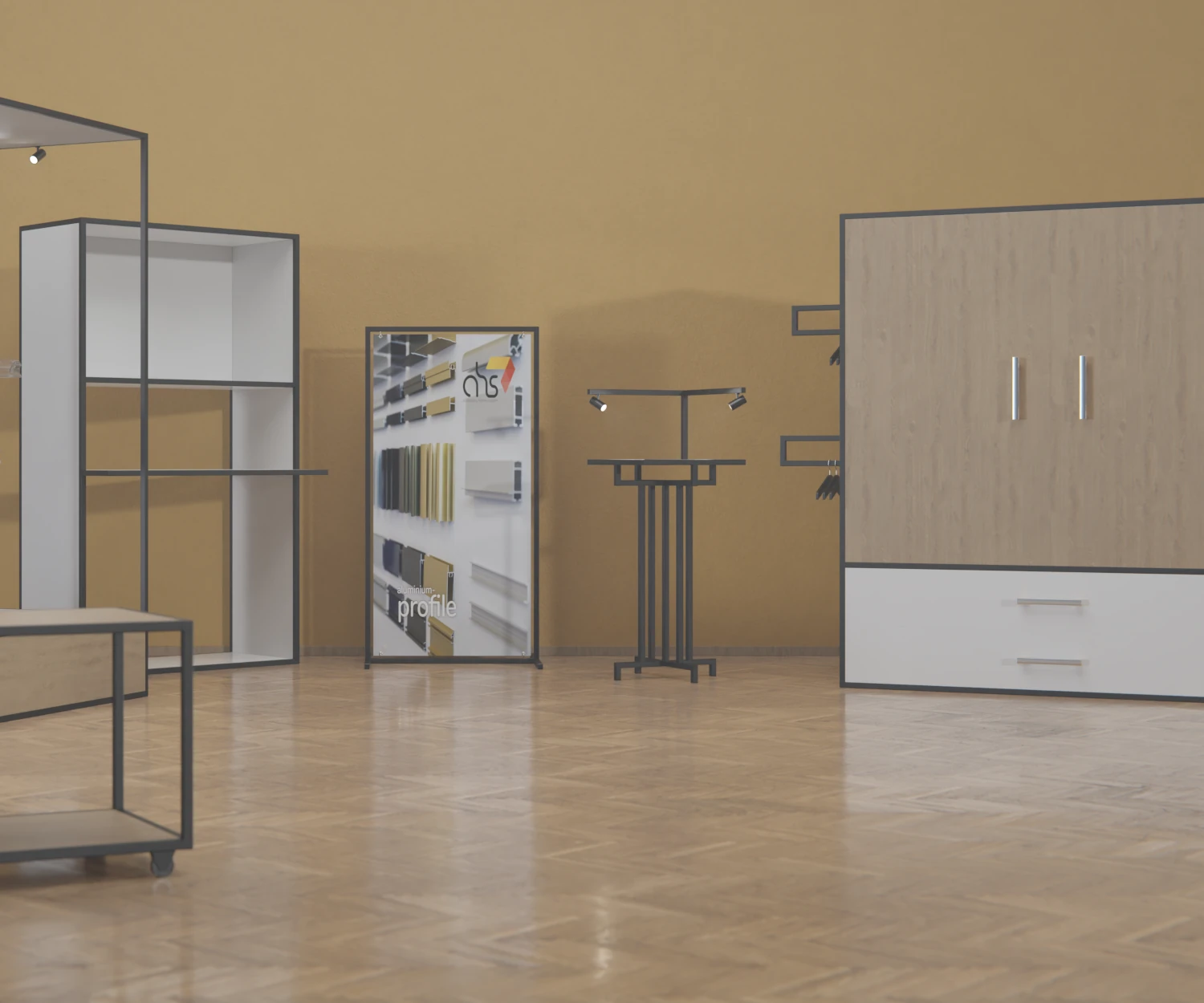 Ein Messeraum mit verschiedenen Konstruktionen gebaut aus dem edge-System.