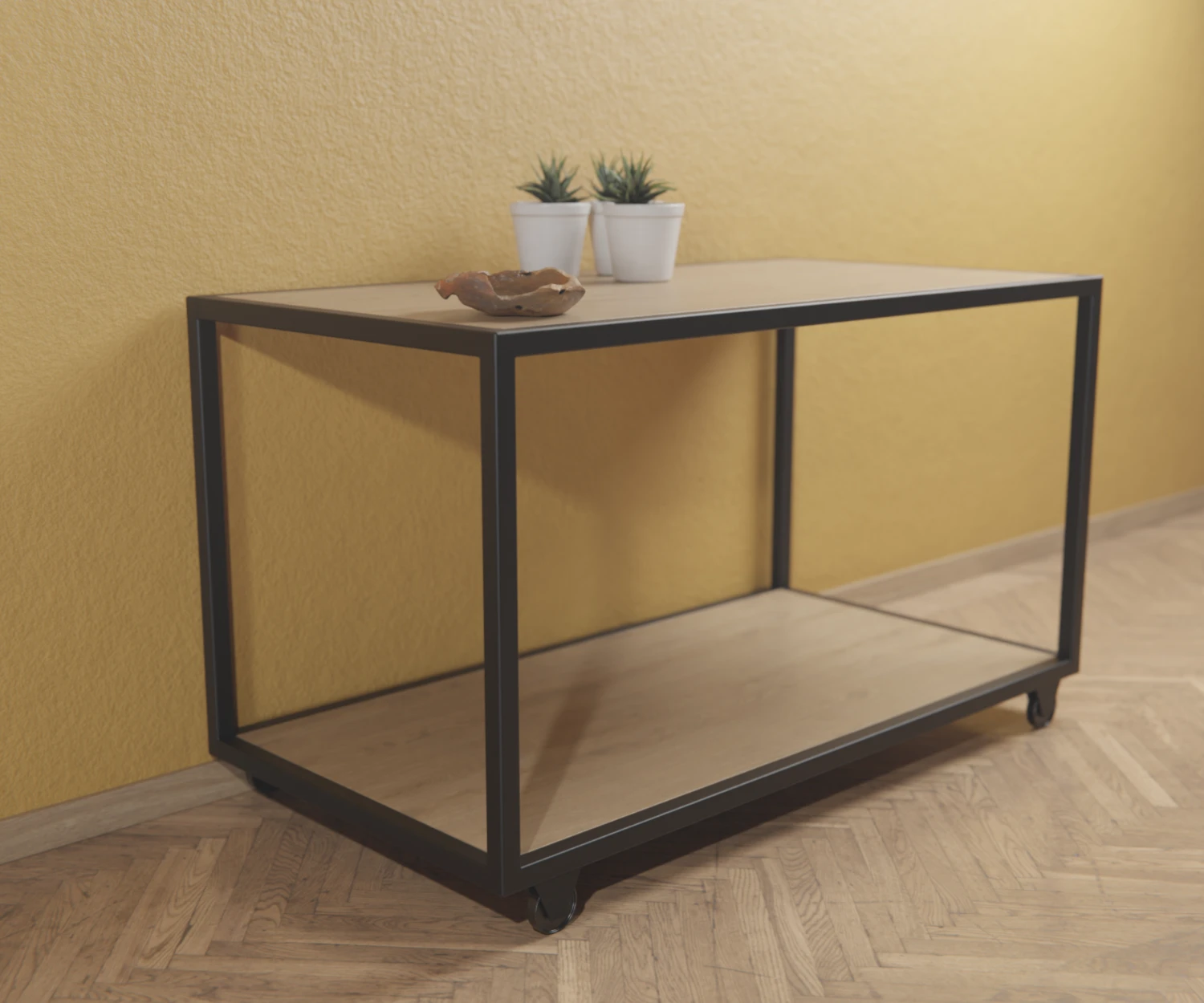 Ein Tisch mit Rollen, zusammengestellt aus dem Edge-System, mit schwarzen Verbindern und Profilen, auf einem Parkettboden vor einer gelben Wand. Auf ihm befinden sich 3 kleine Töpfe mit Pflanzen und eine Holzschale.