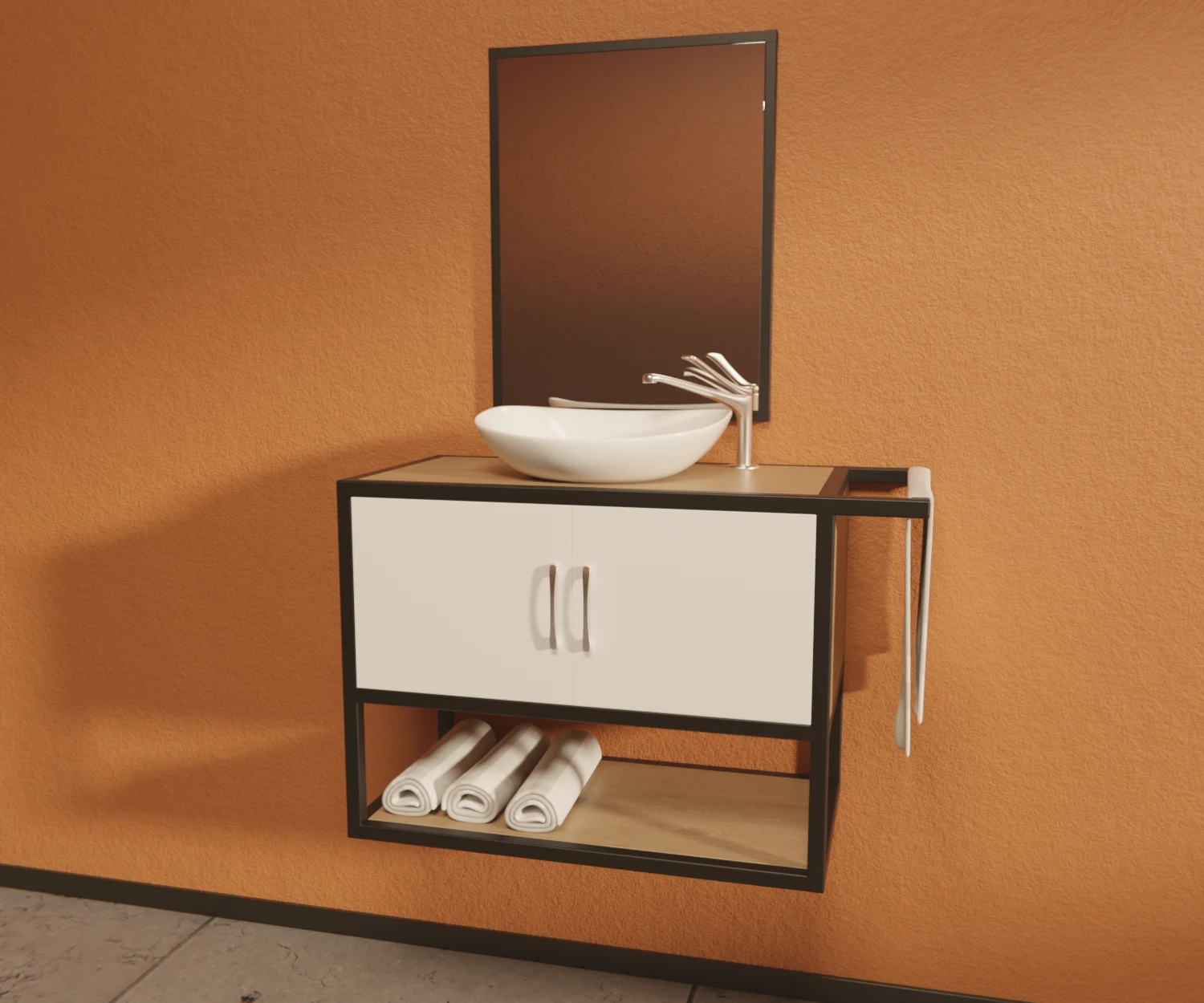 Eine Waschtisch, zusammengestellt aus dem Edge-System, mit schwarzen Verbindern und Profilen, angebracht an einer orangenen Wand. Rechts hängt ein Handtuch, im unteren Bereich befinden sich 3 weitere aufgerollte Handtücher. Über der Arbeitsfläche befindet sich ein Spiegel, zusammengestellt aus schwarzen Profilen und Verbindern des Edge-Systems.