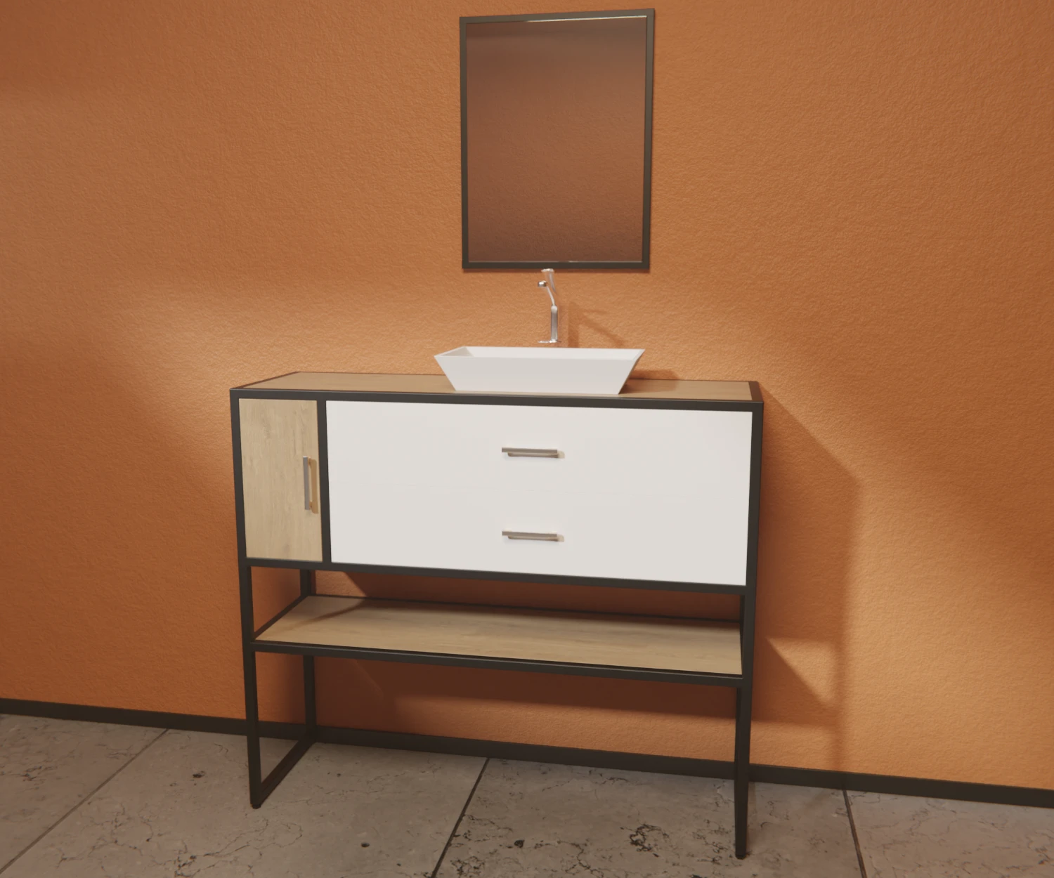 Eine Waschtisch, zusammengestellt aus dem Edge-System, mit schwarzen Verbindern und Profilen, steht auf einem Fliesenboden vor einer orangenen Wand. Über der Arbeitsfläche befindet sich ein Spiegel, zusammengestellt aus schwarzen Profilen und Verbindern des Edge-Systems.