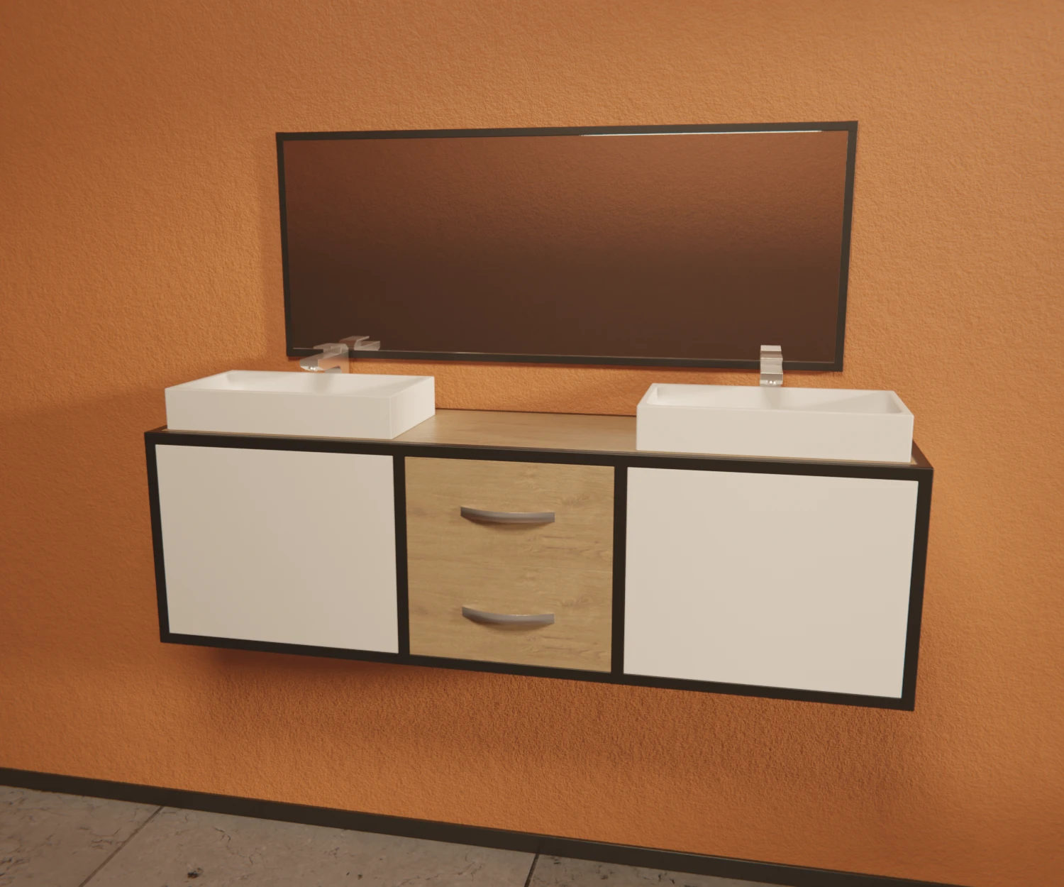 Eine Waschtisch, zusammengestellt aus dem Edge-System, mit schwarzen Verbindern und Profilen, angebracht an einer orangenen Wand. Auf dem Waschtisch befinden sich 2 Waschbecken nebeneinander. Über der Arbeitsfläche befindet sich ein Spiegel, zusammengestellt aus schwarzen Profilen und Verbindern des Edge-Systems.