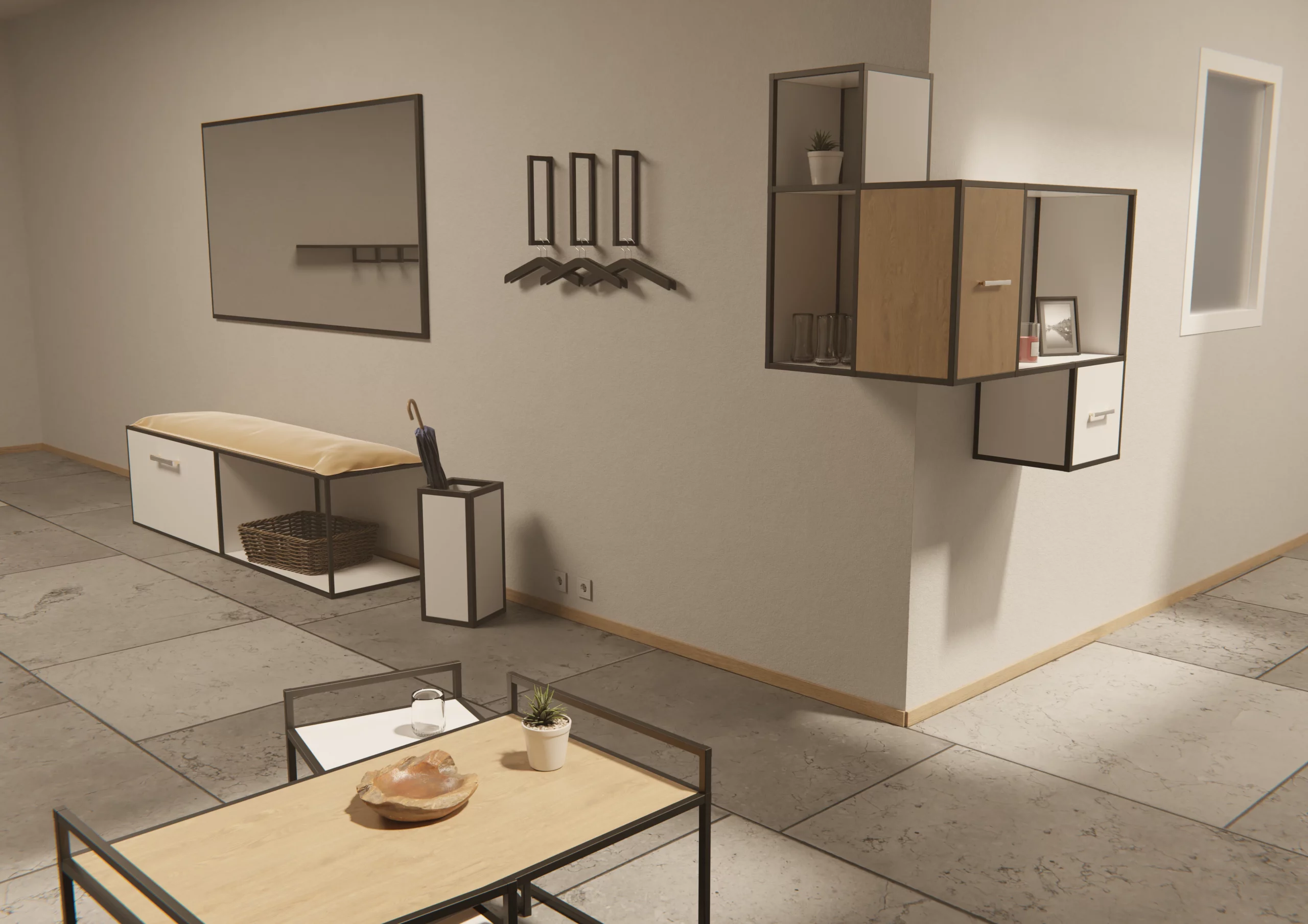 Ein Wohnraum mit einem Fliesenboden und weißen Wänden. Die Möbel sind alle aus den Bestandteilen des Edge-Systems zusammengebaut.