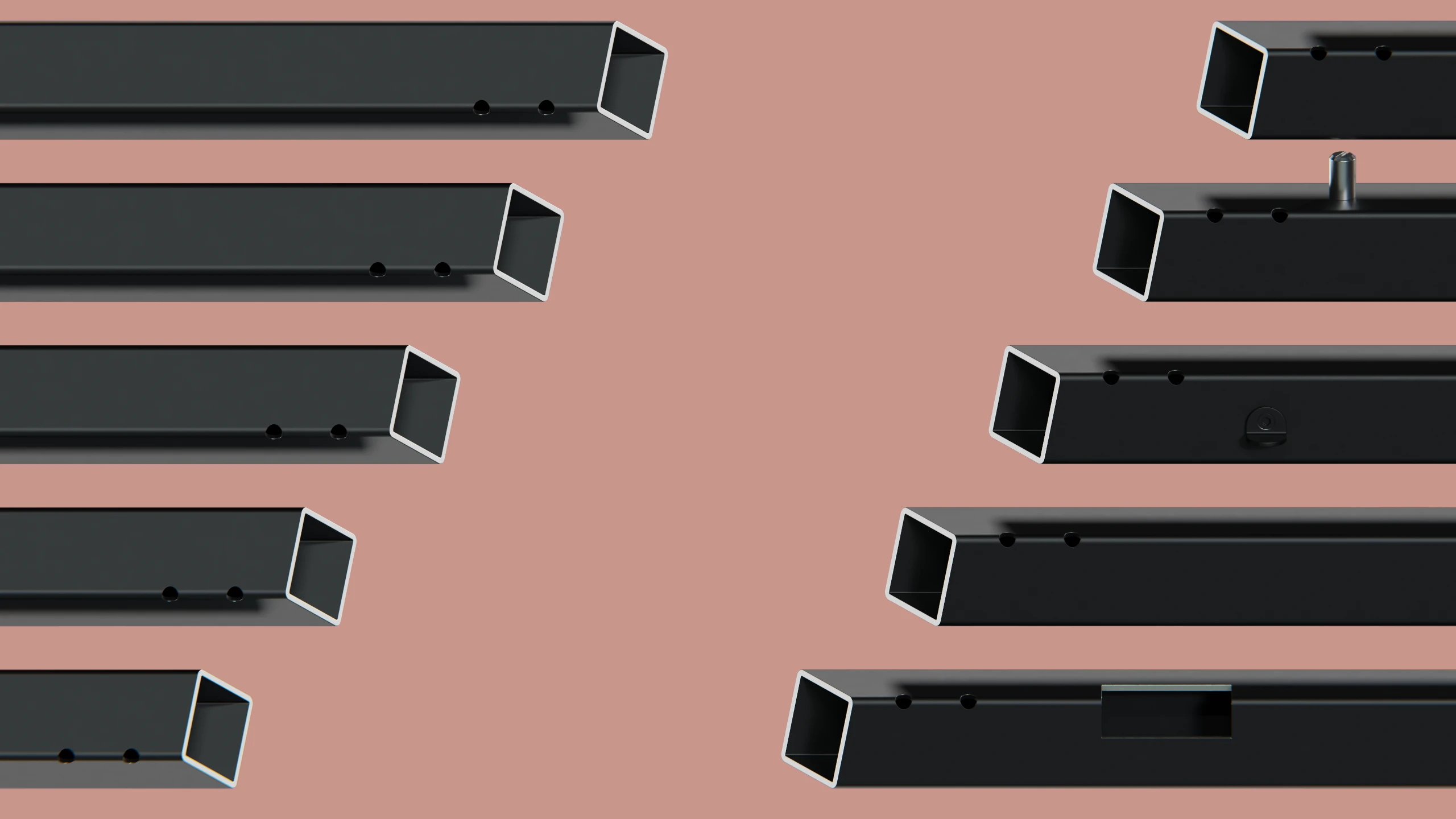 Die unterschiedlichen edge-plus Profile aufgereiht vor einem pastellroten Hintergrund.