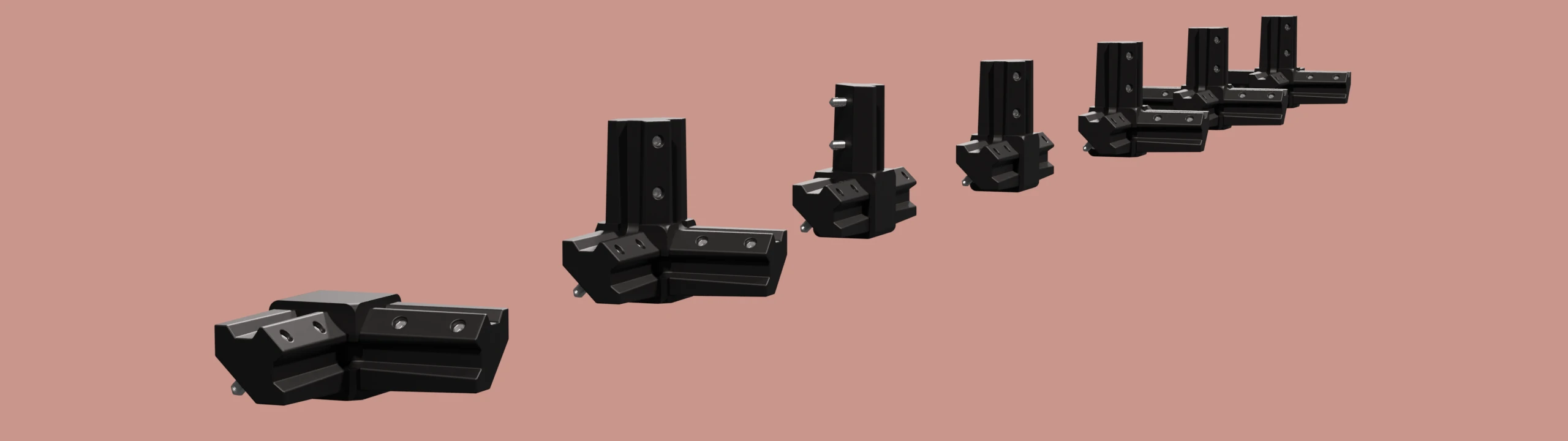 Die unterschiedlichen edge-plus Verbinder aufgereiht vor einem pastellroten Hintergrund.