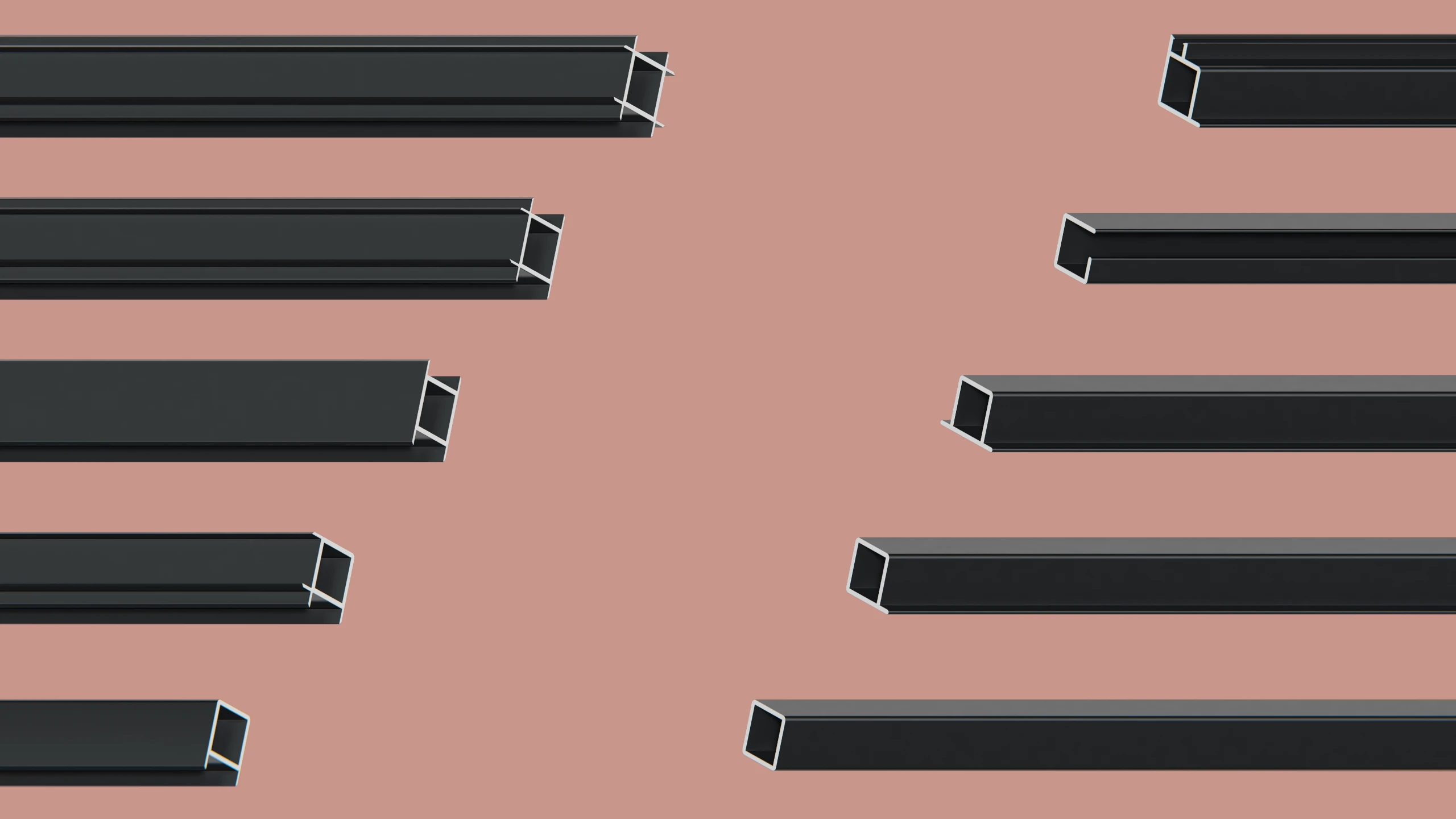 Die unterschiedlichen edge Profile aufgereiht vor einem pastellroten Hintergrund.